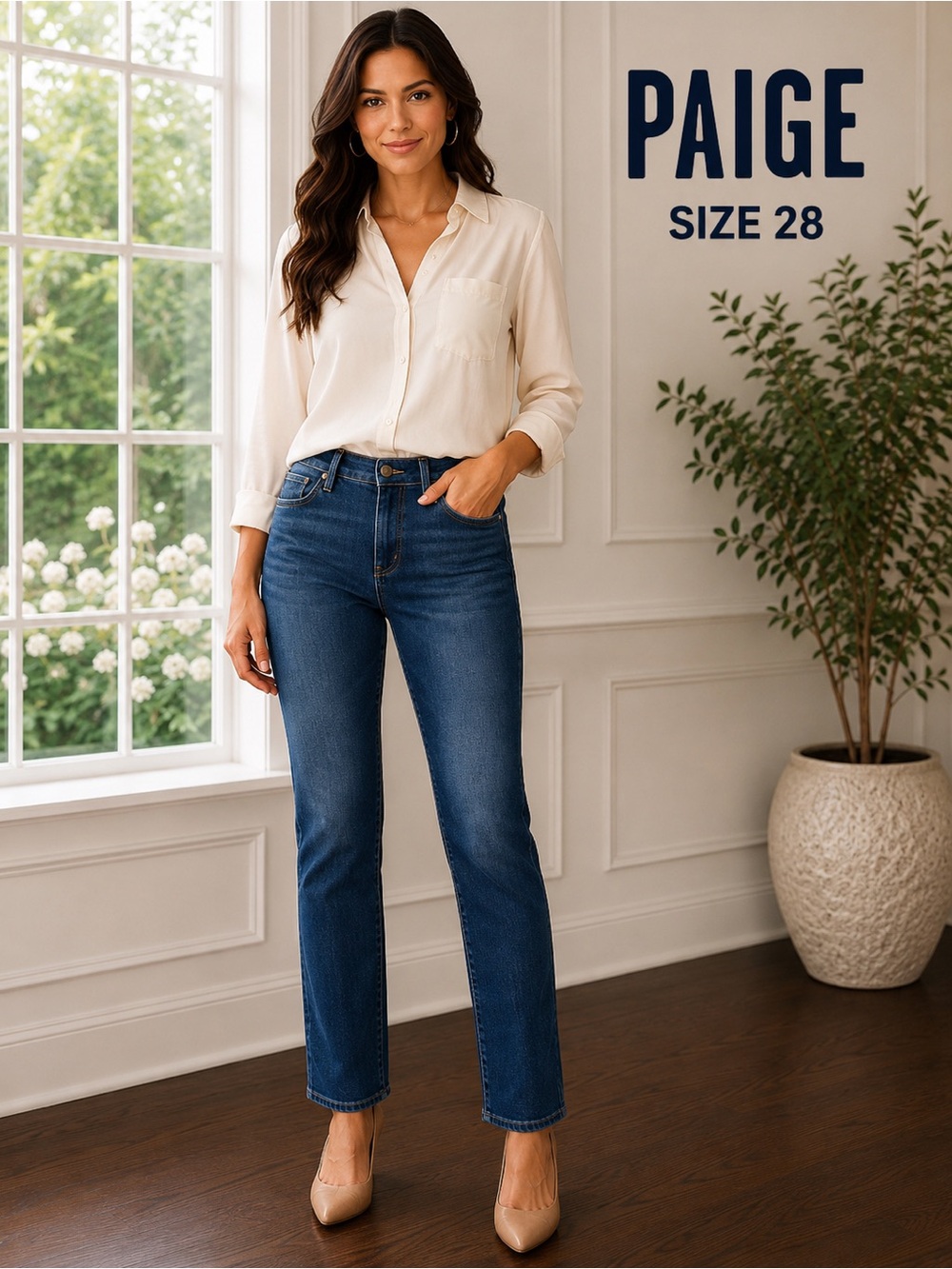 PAIGE Skyline Ankle Peg Jeans 29 Medium Wash Stretch Denim
